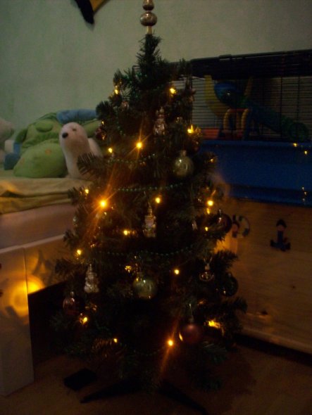 kleiner 90cm Weihnachtsbaum,im Zimmer meines Jüngsten, ist in grün und braun gehalten, hat eine Lokomotive,einen
Weihnachtsmann, einen Schneema
